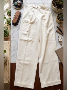 Lord & Taylor 100% wool Cream Wide-Leg Trousers